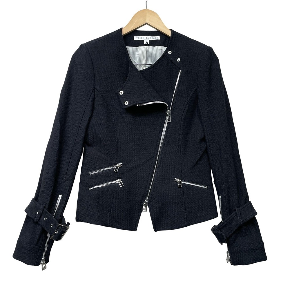 Veronica Beard Moto Blazer Jacket Black Asymmetrical Zip Belted Sleeves  4 Edgy